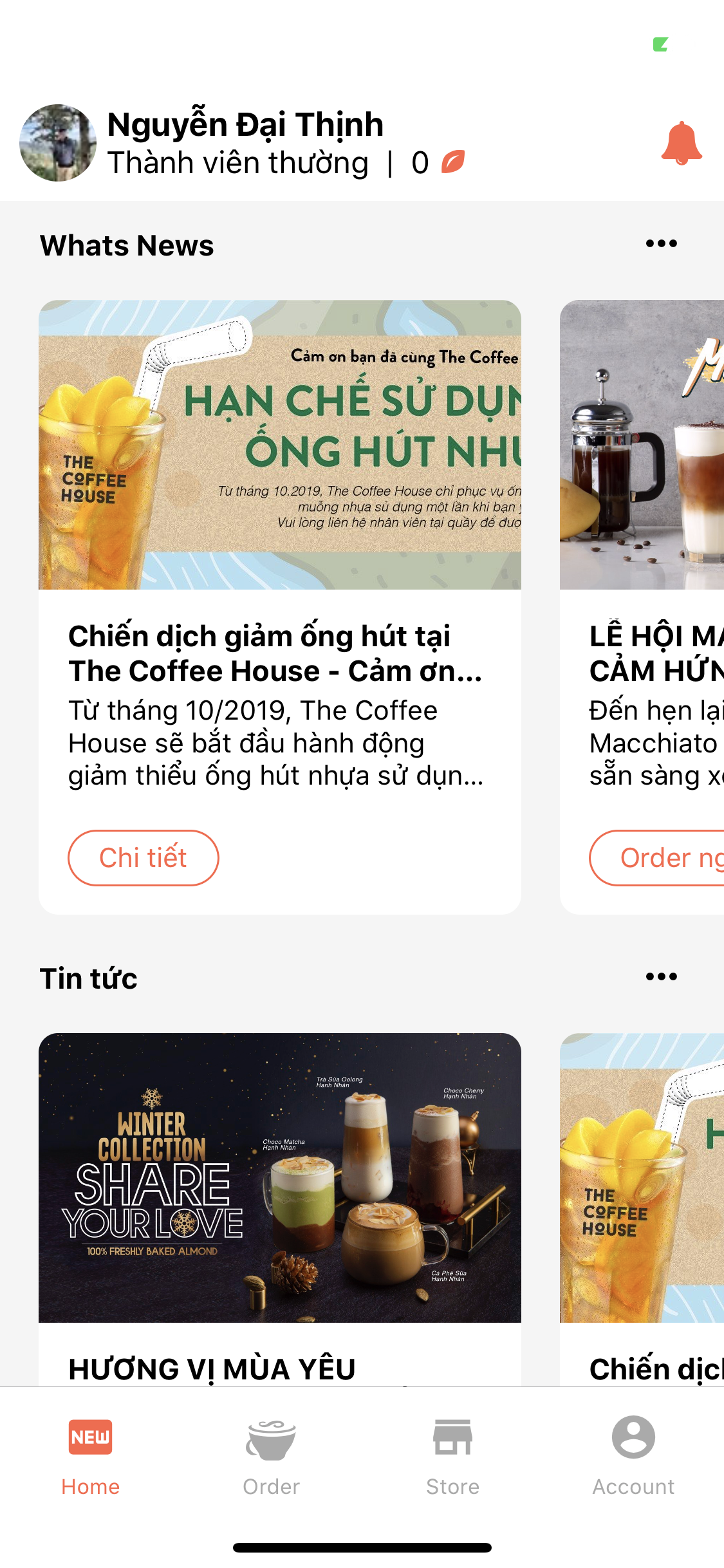 My Coffee app main dashboard — news, drinks, orders