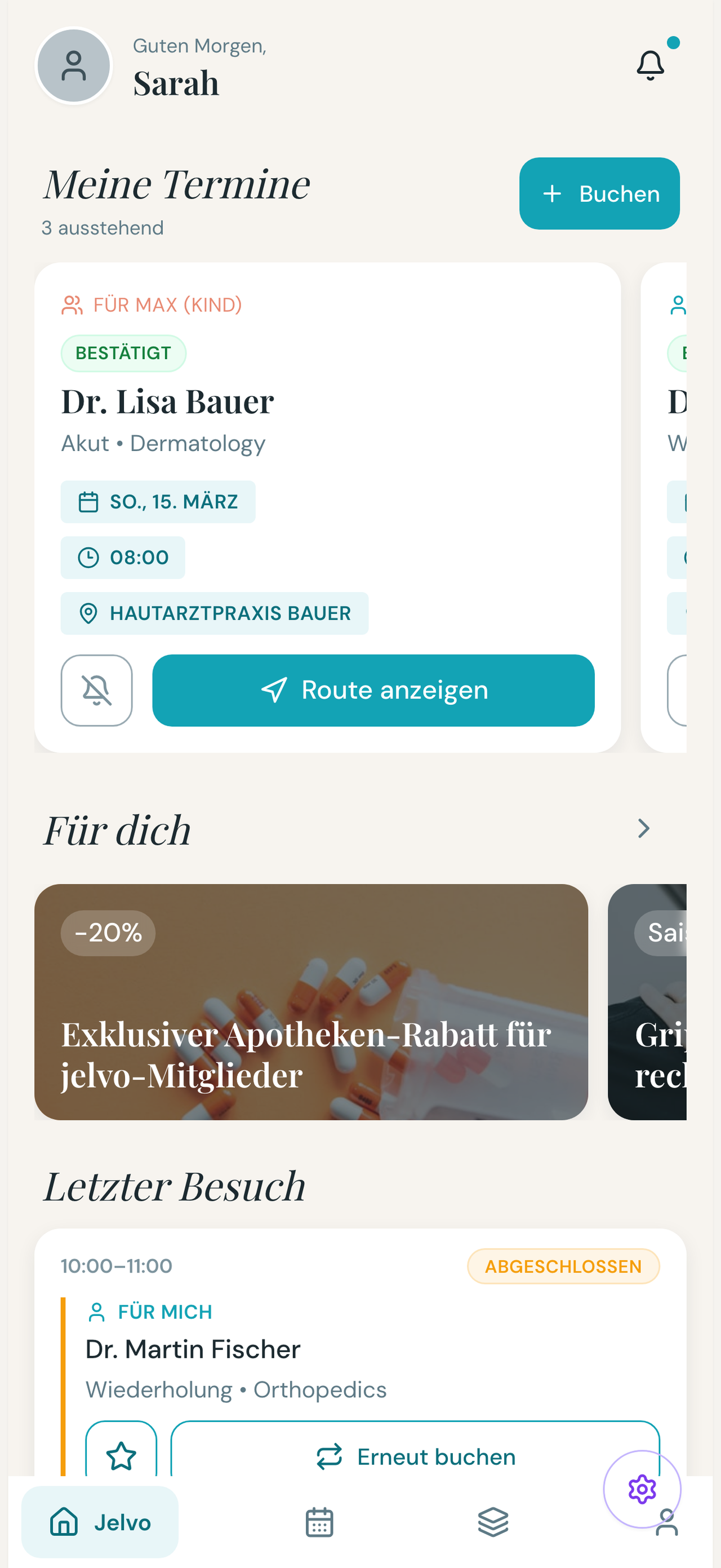 Jelvo patient app home screen — appointments, promos, recent visits